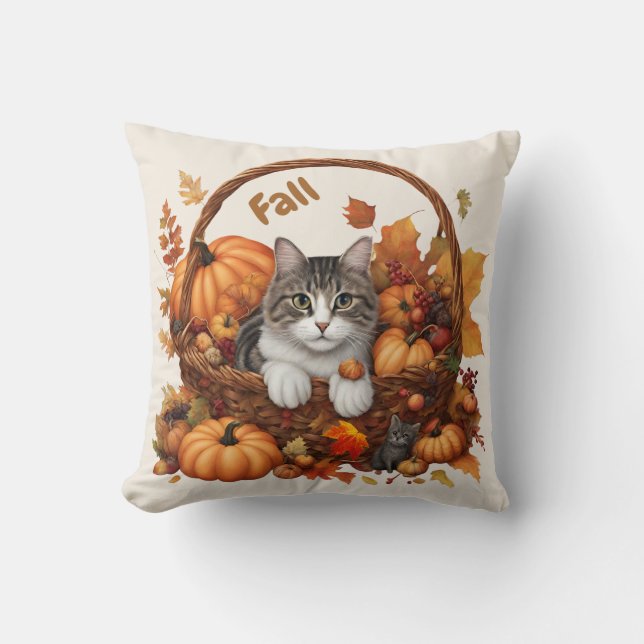 Coussin Panier Citrouille d'automne avec de mignons chats (Recto)