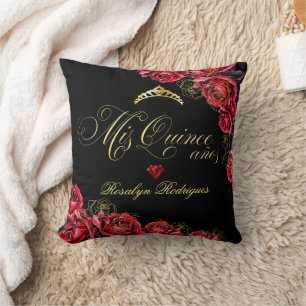 Coussin Panneau de décoration Quinceanera - or rouge noir