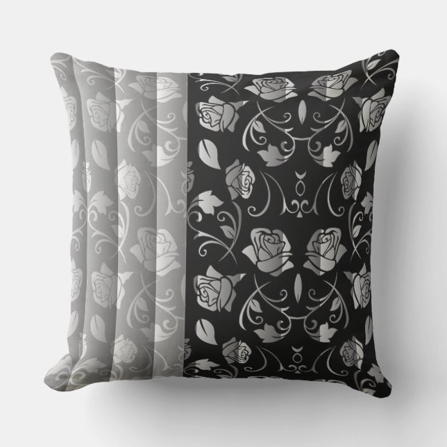 Coussin Panneaux Floraux Rose Noire & Blanc Lancer Oreille (Recto)