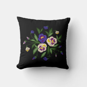 Coussin Pansies brodées Bouquet bleu violet blanc