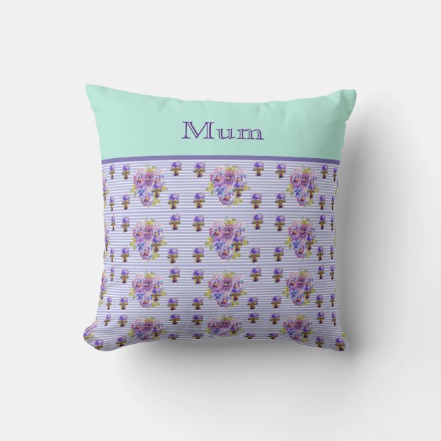 Coussin Pansy Flower Aqua Stripe art floral Mothers Nom (Recto)