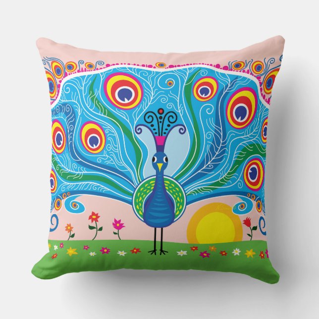 Coussin Paon avec des fleurs (Recto)