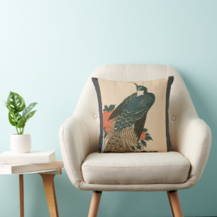 Coussin Paon et Pivoines par Hiroshige, Art Japonais