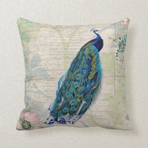 Coussin Paon vintage, fleurs et papillon