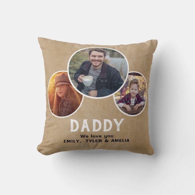 Coussin Papa rustique nous t'aimons 3 Photos Fête du Père (Recto)