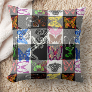 Coussin Papier peint à carreaux tartan à motif de papillon