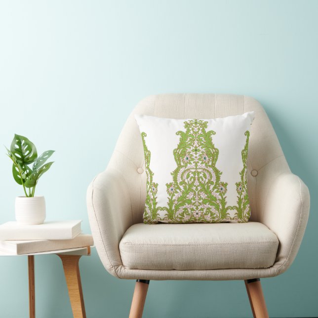 Coussin papier peint vert et blanc aux motifs ornés (Chaise)