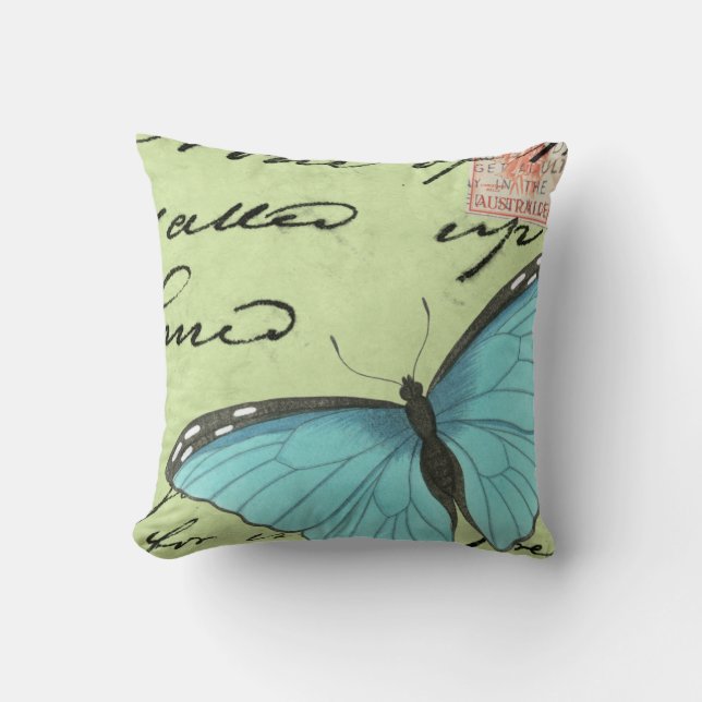 Coussin Papillon à ailes bleues sur carte postale Turquois (Recto)