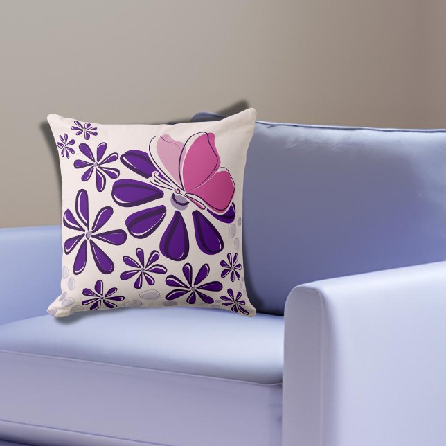 Coussin Papillon Abstrait et Blossom Art rose et violet (Abstract Butterfly and Blossom Pink and Purple Art Throw Pillow)