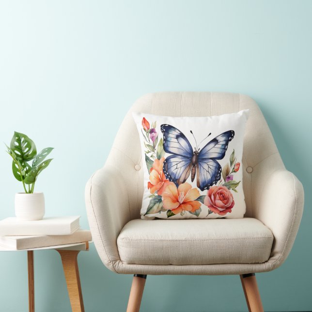 Coussin Papillon aquarelle bleu Fleurs lumineuses pêche ro (Chaise)