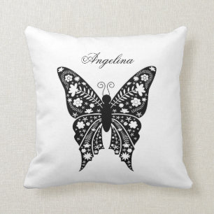 Coussin Papillon Artsy Nom noir et blanc élégant