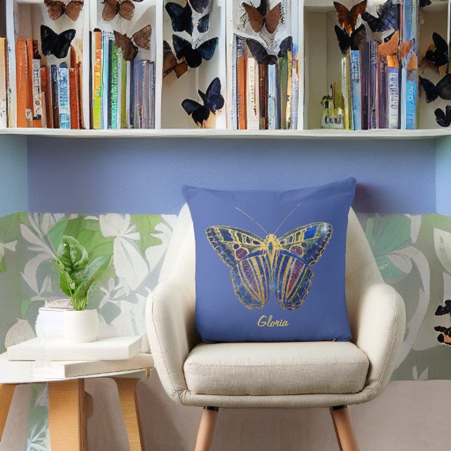 Coussin Papillon bijoux tondu sur bleu pourpre (Créateur téléchargé)