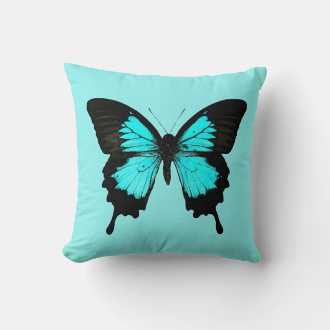 Coussin Papillon - bleu et noir de turquoise (Recto)