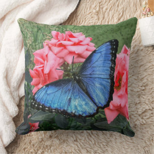 Coussin Papillon bleu Morpho Floral Nature Art