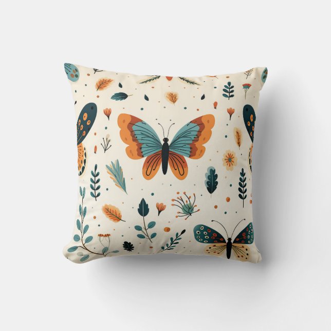 Coussin Papillon boho et prairie botanique (Recto)