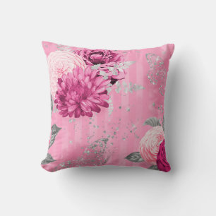 Coussin Papillon de Parties scintillant en argent Roses ro