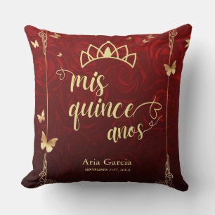 Coussin Papillon Doré Roses Rouges Floral Quinceañera