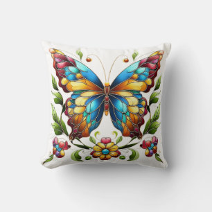 Coussin Papillon en vitrail coloré avec fleurs