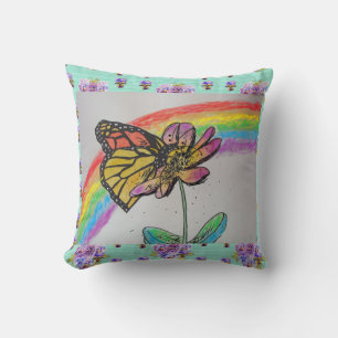 Coussin Papillon Monarque Rainbow Peinture Aqua Cushion
