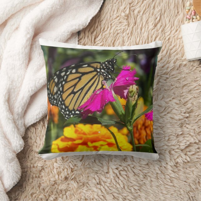 Coussin Papillon Monarque sur Fleur Marigold Rose (Couverture)