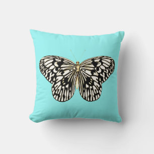 Coussin Papillon noir et blanc, arrière - plan turquoise