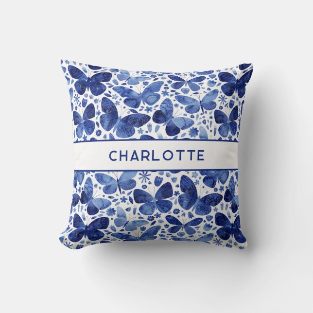 Coussin Papillons Aquarelle Bleu Personnalisé (Recto)