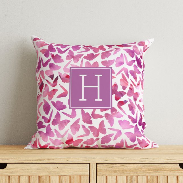 Coussin Papillons d'aquarelle violet Monogramme (Créateur téléchargé)