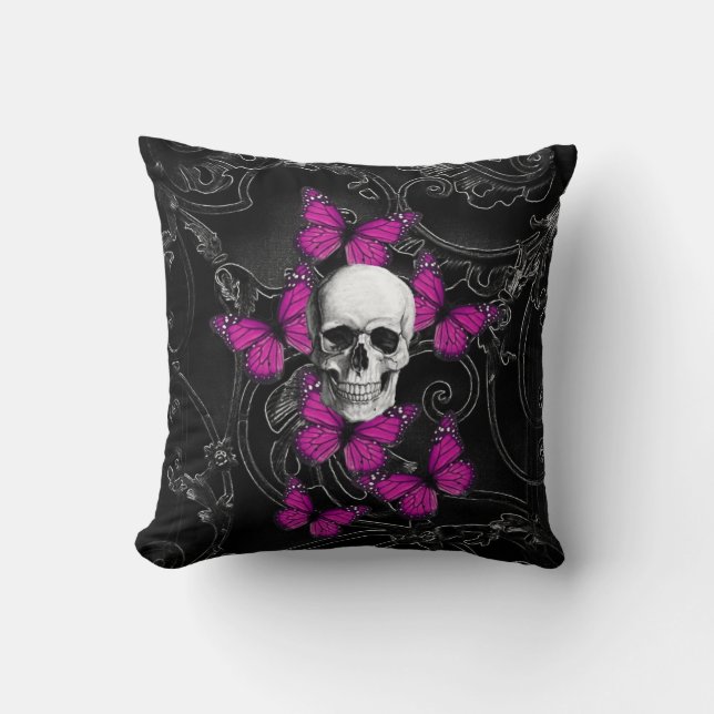 Coussin Papillons de crâne et de roses indien d'imaginaire (Recto)