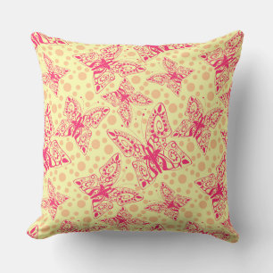 Coussin papillons en dentelle pourpre sur pois jaune