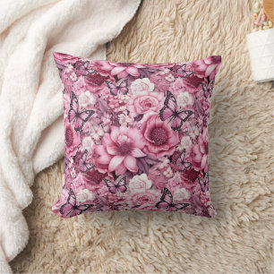 Coussin Papillons et Fleurs dans des tons roses variés
