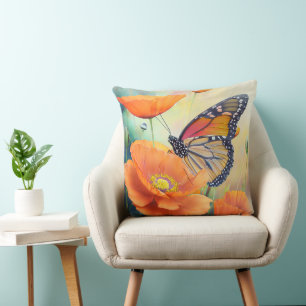 Coussin Papillons et Pavots Orange Botanique