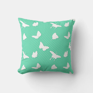 Coussin Papillons et rayures fines - blanc sur aqua