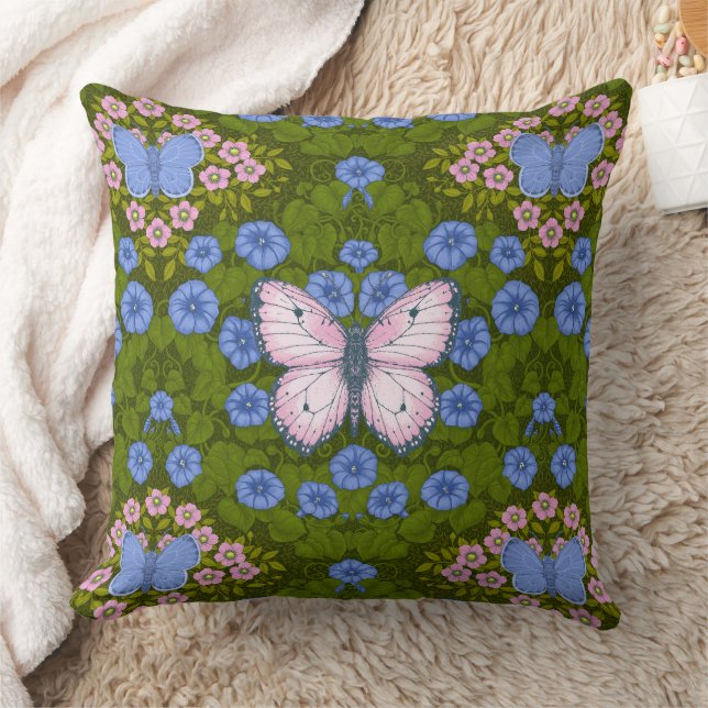 Coussin Papillons et symétrie des fleurs, bleu et rose (Couverture)