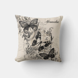 Coussin Papillons noirs sur les fleurs Naturel