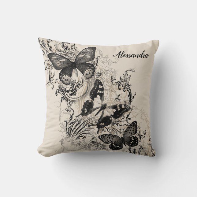 Coussin Papillons noirs sur les fleurs Naturel (Recto)