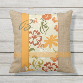 Coussin Papillons oranges de fleur de belle toile de jute