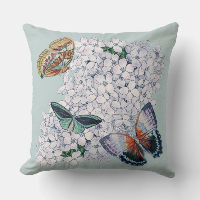 Coussin Papillons sur Hydrangea dans les tons turquoises (Recto)