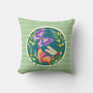 Coussin Papillons, sur sauge pâle vert avec rayures blanch