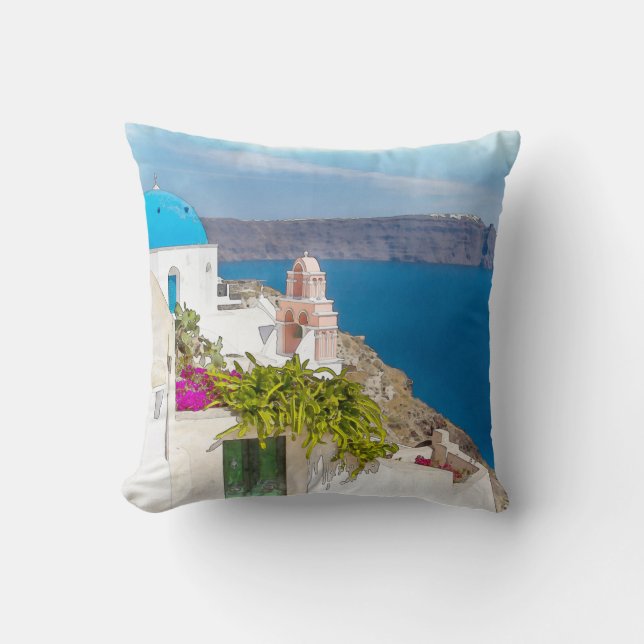 Coussin Paradis Grec. Peinture d'aquarelle de Santorini (Recto)