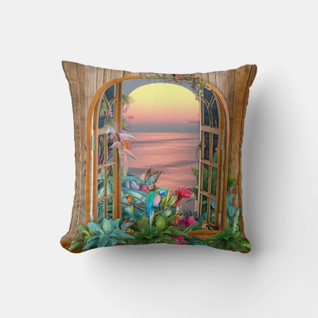 Coussin Paradis tropical de la flore au coucher du soleil (Recto)