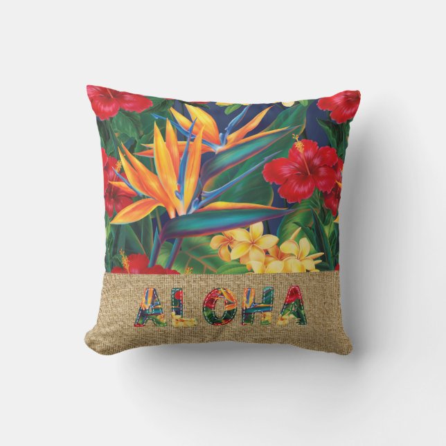 Coussin Paradis tropical Hawaï Floral Faux Appliqué (Recto)