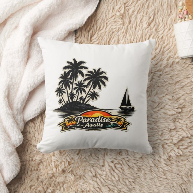 Coussin 🏝️🌅 “Paradise Awaits” Tropical Pillow 🌴✨ (Couverture)