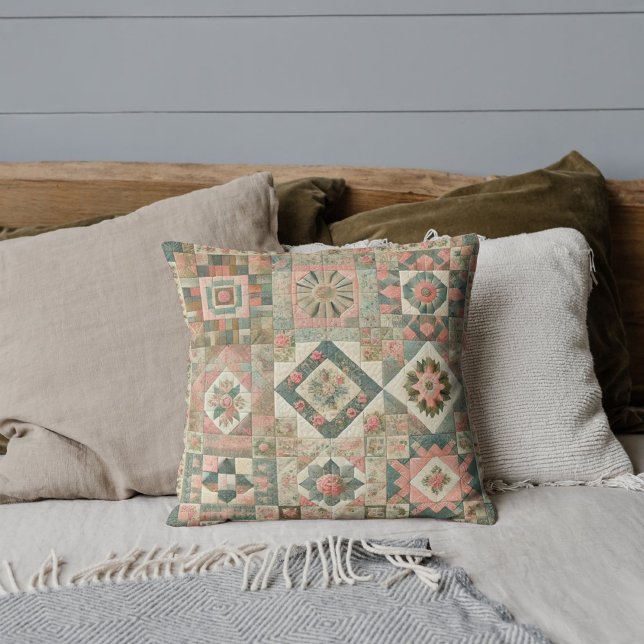 Coussin Parcelle en Patchwork Vert Rose Rustique Rétro Vin (Créateur téléchargé)