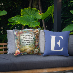 Coussin Parcours de jardin floral Écriture Monogramme bleu