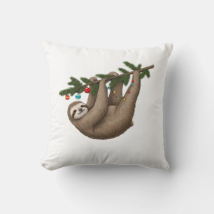 Coussin Paresseux joyeux sur une branche de sapin de Noël