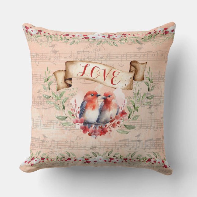 Coussin Paris Amour Timbre Oiseaux avec Notes Fantaisistes (Recto)