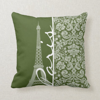 Coussin Paris ; Damas vert mousse foncée