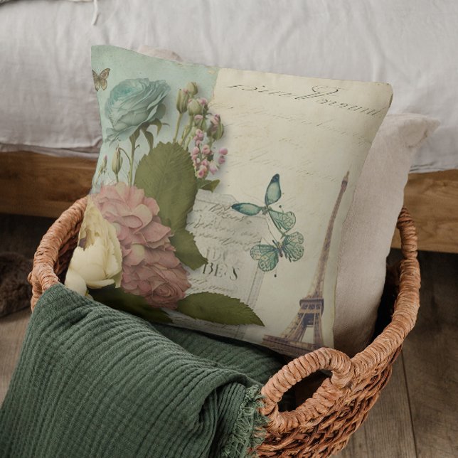 Coussin Paris France Tour Eiffel Butterfly Floral Collage (Créateur téléchargé)