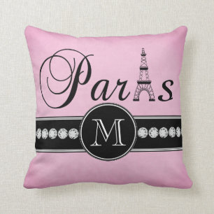 Coussin Paris noir rose Girly décoré d'un monogramme