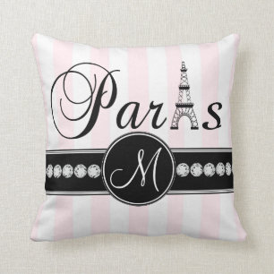 Coussin parisien de monogramme de noir blanc rose